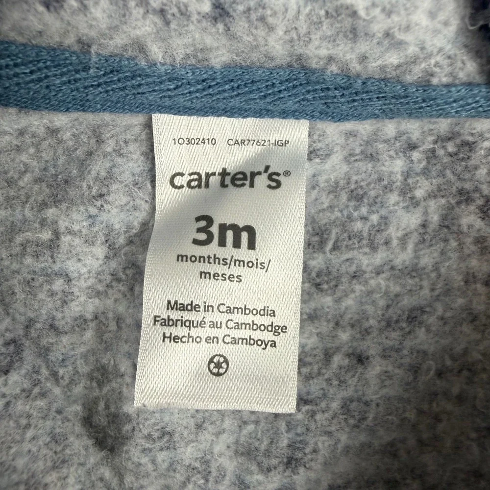Carter's Hooded Romper Baby 3M Blue Striped Bear‎ Ears Fleece Lined Jumpsuit